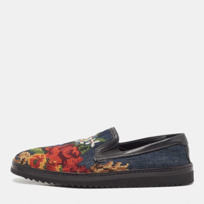 Pre-owned Dolce & Gabbana Navy Blue Denim And Leather Slip On Sneakers Size 43.5 In Multicolor