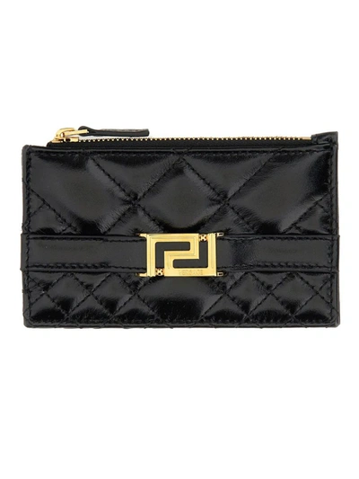 Versace Zippered Card Case "greca Goddess" In Nero