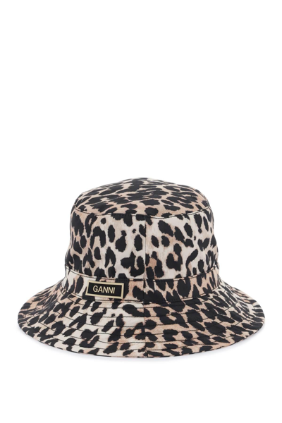 Ganni Animal Print Bucket Hat In Beige,black