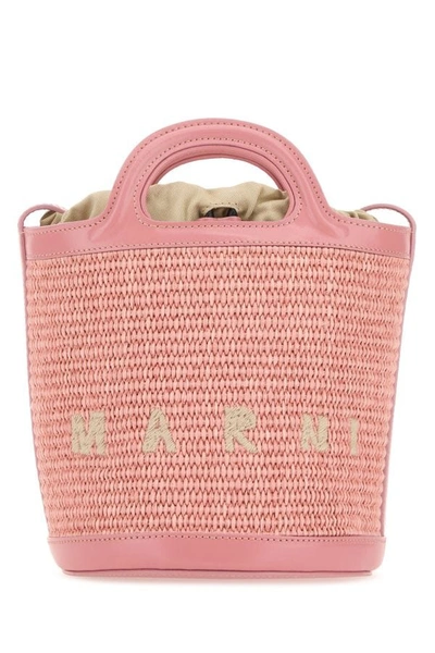 Marni Woman Pink Leather And Raffia Tropicalia Bucket Bag
