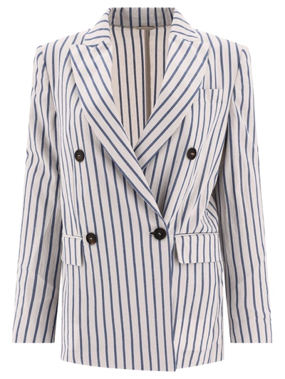 Brunello Cucinelli Double-breasted Jacket In Cotton And Linen In Chalk/avium