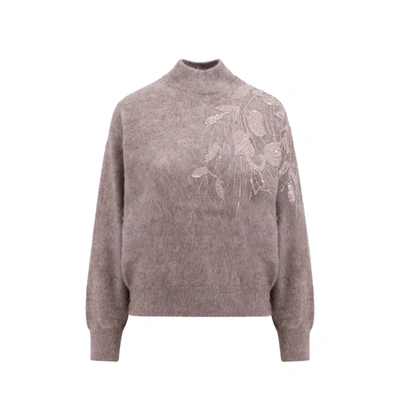 Brunello Cucinelli Long-sleeved Turtleneck Sweater With Special Sequin Appliqu? In Soft Mohair And Wool Yarn In Brown