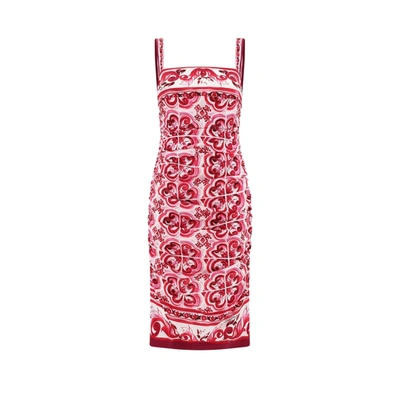 Dolce & Gabbana Majolica-print Square-neck Ruched Sleeveless Dress In Pink