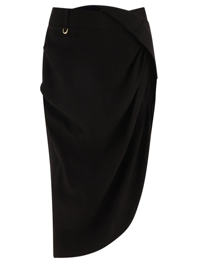 Jacquemus Saudade Asymmetric Twill Midi Skirt In Black