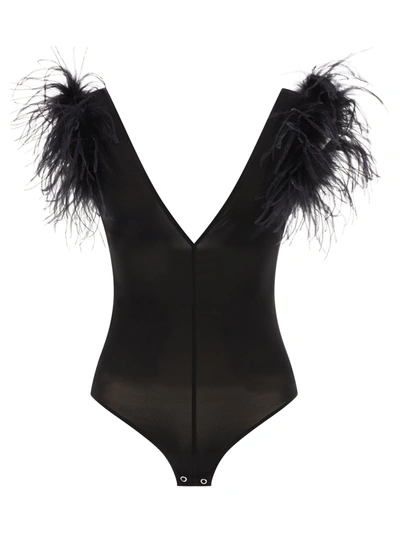 Pinko Feather-trim V-neck Bodysuit In Black