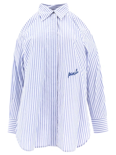 Pinko Logo-embroidered Striped Shirt In White/light Blue