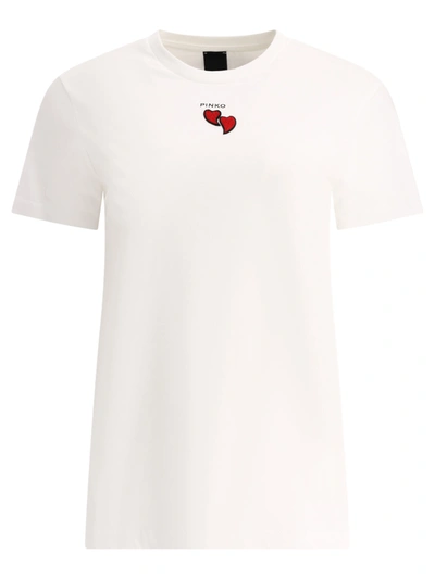 Pinko T-shirt With Heart Embroidery In Silk White