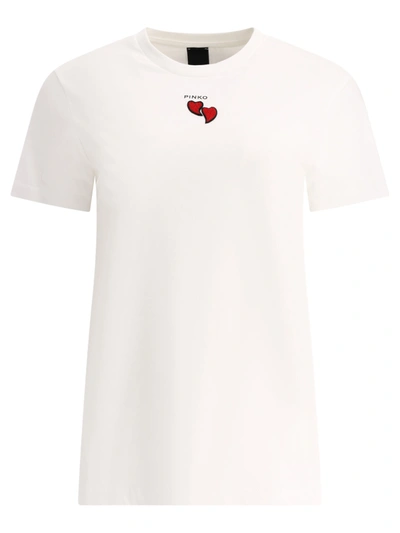 Pinko Logo-print Heart-motif Bead-embellished T-shirt In Bianco