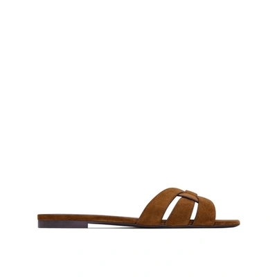 Saint Laurent Tribute Suede Flat Slide Sandals In Brown