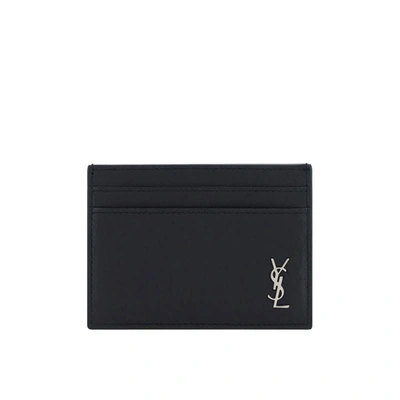 Saint Laurent Cassandre Tiny Leather Card Case In Black