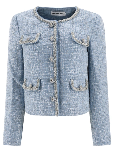 Self-portrait Cropped Sequin Boucle Jacket In Blue