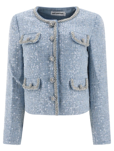 Self-portrait Cropped Sequin Boucle Jacket In Light Blue