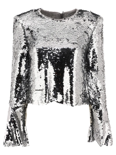 Self-portrait Self Portrait Sequinned Flared Top In Silver