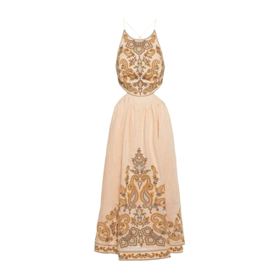 Zimmermann Devi Cutout Floral-jacquard Linen Midi Dress In Gold