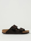 Birkenstock Brown Slip-on Sandals With Engraved Logo In Leather And Cork Man In Dark