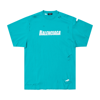 Pre-owned Balenciaga Boxy T-shirt 'turquoise/white' In Blue
