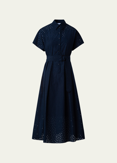 Akris Punto Lasercut Grid Cotton Popeline Dress With Belt In Navy