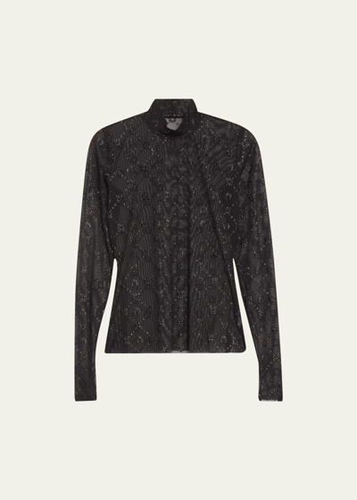 Marine Serre Regenerated Mesh Flock Glitter Mock-neck Top In Bk99 Black