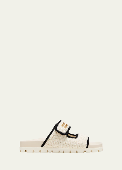 Miu Miu Bicolor Crochet Grip Slide Sandals In White