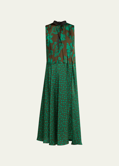 Sacai Womens Green High-neck Floral-pattern Satin Maxi Dress