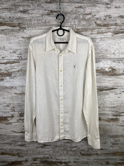 Pre-owned Allsaints Mens  Shirt Button Up Reaper Long Sleeve Linen Luxury In Beige