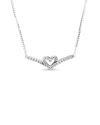 Pandora Timeless Silver Cz Heart & Wishbone Necklace In Metallic
