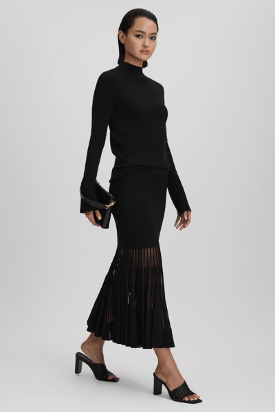 Reiss Tilly - Black Knitted Sheer Flared Midi Skirt, M