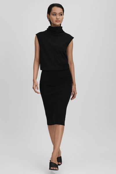 Reiss Cici - Black Roll Neck Draped Midi Dress, S