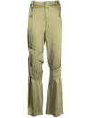Blumarine Strap-detail Satin Straight-leg Trousers In Gray Green