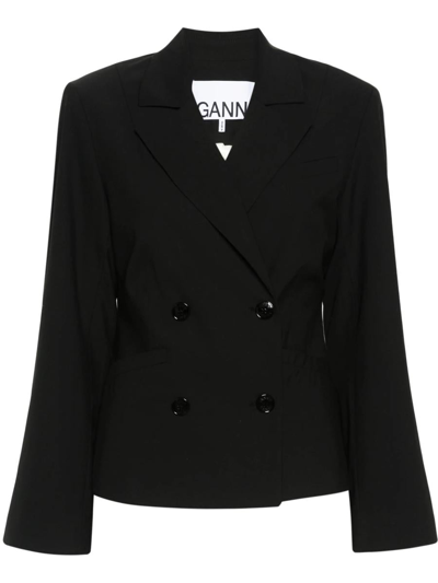 Ganni Doppelreihiger Blazer Aus Webstoff In Black