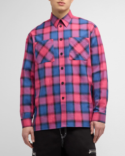 Givenchy Men's Oversized Plaid Sport Shirt In Blue/fuchsia