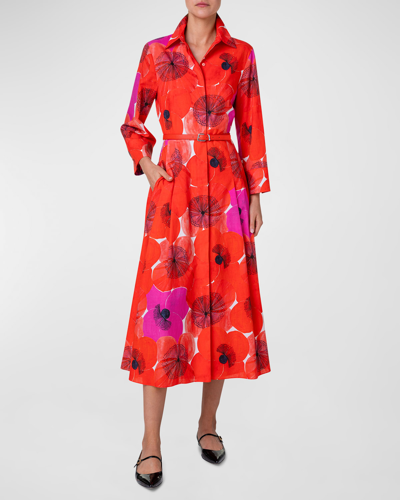 AKRIS POPPIES PRINT BELTED MIDI DRESS