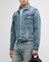 Amiri Ma Distressed Denim Trucker Jacket In Antique Indigo