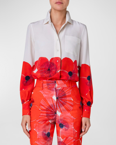 Akris Poppies Print Crepe Tunic Blouse In Poppy-greige