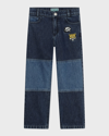 KENZO BOY'S TWO-TONE DENIM JEANS WITH TIGER COMIC PATCHES