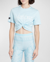 Versace 1978 Re-edition Logo Safety Pin Crop Graphic T-shirt In Pale Blue Bianco