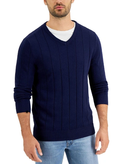 Club Room Mens V Neck Ribbed Trim Pullover Sweater In Blue
