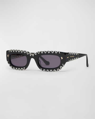 Nanushka Kadee Crochet Acetate Rectangle Sunglasses In Black
