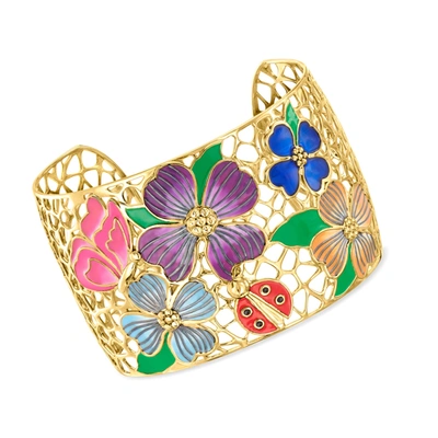 Ross-simons Multicolored Enamel Floral Filigree Cuff Bracelet In 18kt Gold Over Sterling In Pink