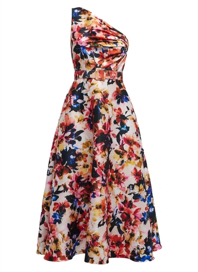 Badgley Mischka Pleated One-shoulder Floral-print Midi Dress In Pink