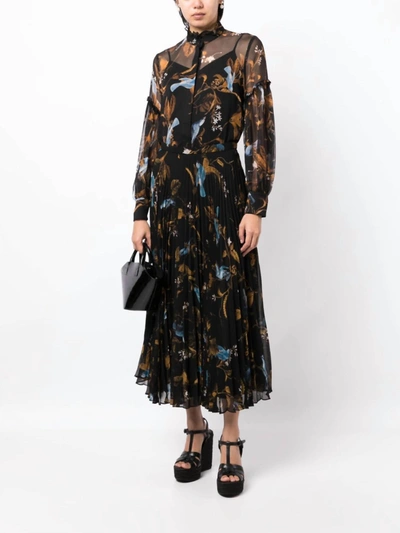 Erdem Pleated Floral Print Midi Skirt In Black