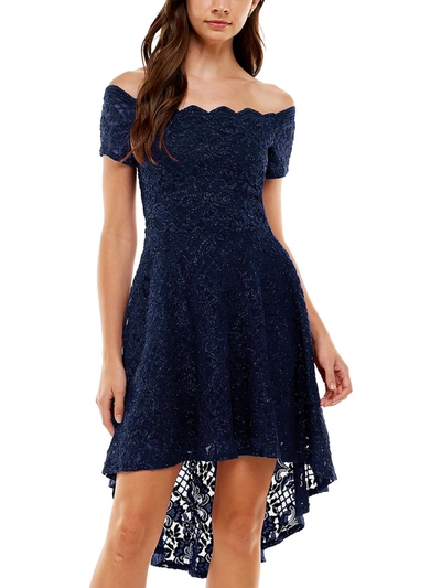 City Studio Juniors Womens Lace Overlay Knee Length Fit & Flare Dress In Blue