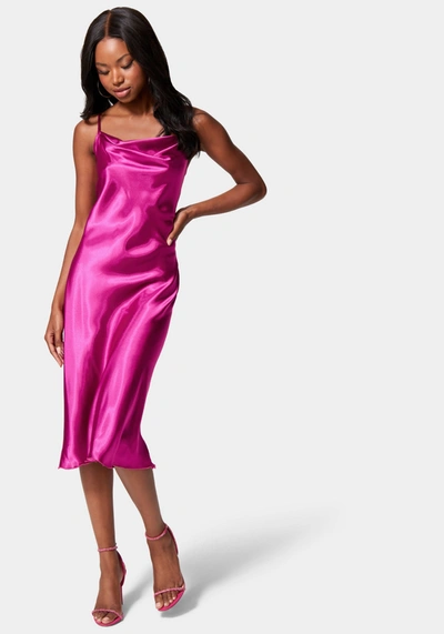 Bebe Satin Cowl Neck Slip Midi Dress In Magenta