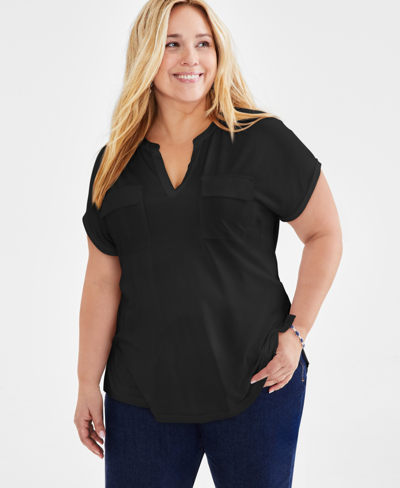 Style & Co Plus Size Flutter-sleeve Top, Exclusively At Macy's In Deep Black