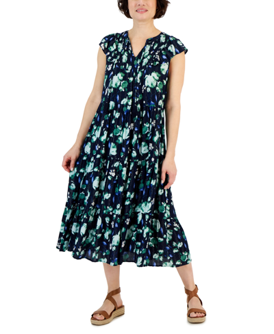 Style & Co Women's Printed Ruffled Shine Midi Dress, Created For Macy's In Floral Blue