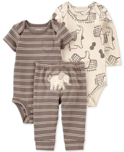 Carter's Baby Boys Elephant Little Character Cotton Bodysuits And Pants, 3 Piece Set In Brown