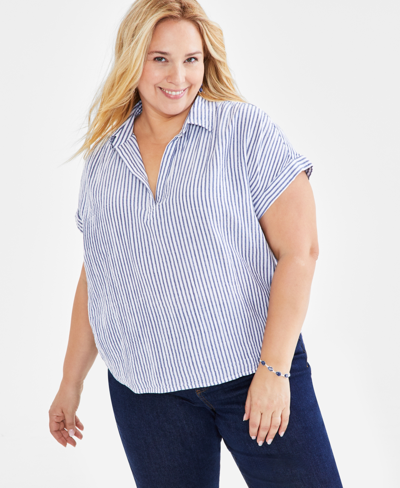 Style & Co Plus Size Striped Gauze Camp Shirt, Created For Macy's In Stripe White