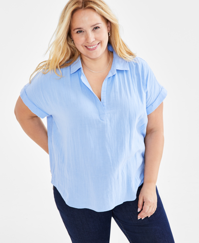 Style & Co Plus Size Gauze Camp Shirt, Created For Macy's In Pleasant Periwinkle