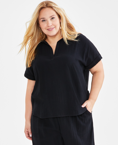 Style & Co Plus Size Gauze Camp Shirt, Created For Macy's In Deep Black