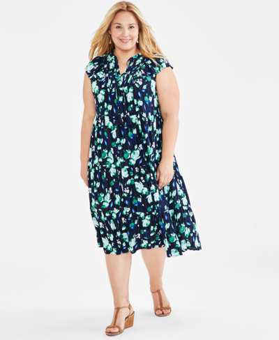 Style & Co Plus Size Floral Shine Dress, Created For Macy's In Floral Blue